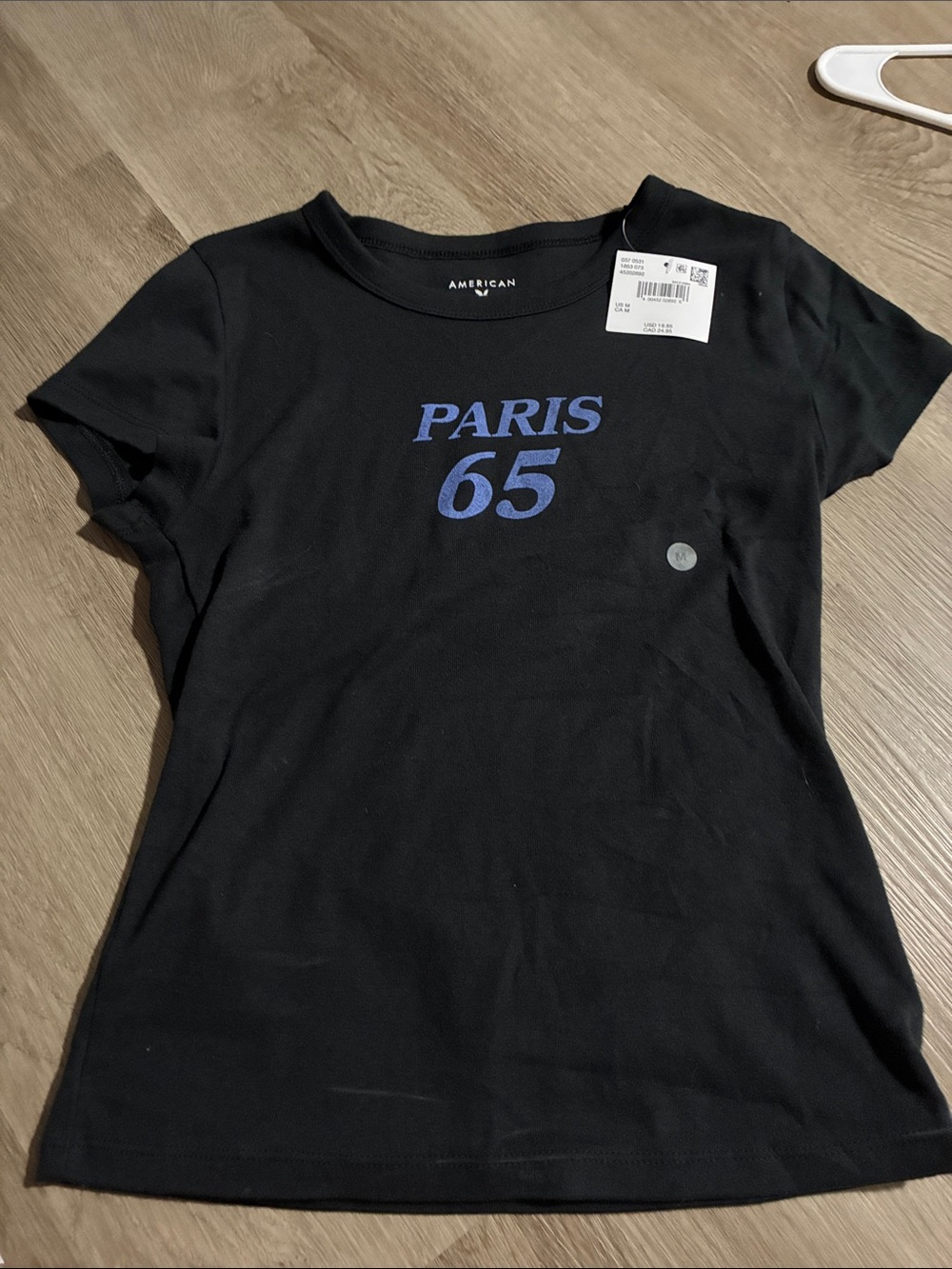 American Eagle Outfitters Black Crop Tee with Blue 'PARIS 65' Graphic